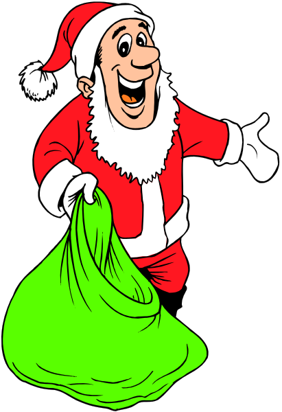 The illustration shows a cartoon Santa Claus holding an oversized green bag with his left hand while pointing to it with his right hand; he is smiling broadly at something off-frame in front of him, and there's no background detail provided.