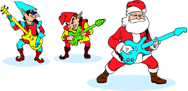 The cartoon depicts four characters dressed as Santa Claus playing musical instruments: a guitarist on far left with an elf in red suit next to him; another character wearing blue costume holding drumsticks near center, and two more Santas at right end of image also engaged in music-making.