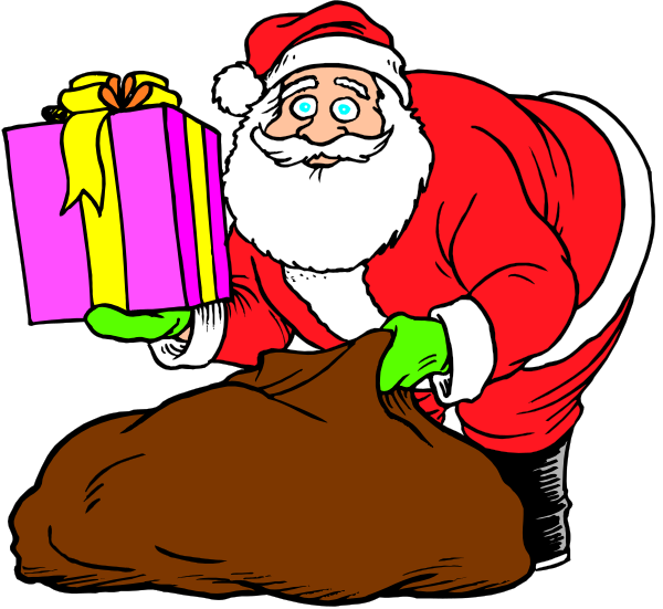 The image shows a cartoon of Santa Claus holding two presents with purple ribbons; he is standing on either side of an open sack filled to overflowing with what appears to be coal.