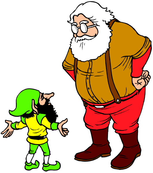 The cartoon features a large man dressed as Santa Claus standing next to another character who appears to be an elf with pointed ears in green attire; both characters have exaggerated facial expressions while interacting with each other, and there is no background detail provided within this image snippet.