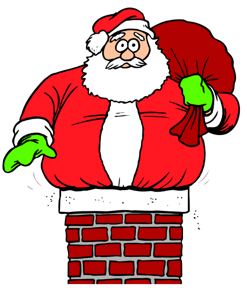 The illustration shows a cartoon depiction of Santa Claus standing next to an oversized brick fireplace mantelpiece with his hands on hips as if he's posing for a picture; there is no text present in this image, and it appears to be designed in the style commonly used for greeting cards or decorations.