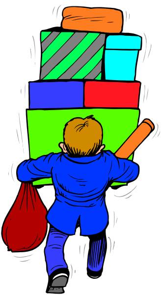 The cartoon shows a boy carrying an assortment of colorful blocks on his back while walking down what appears to be a street with buildings in the background.