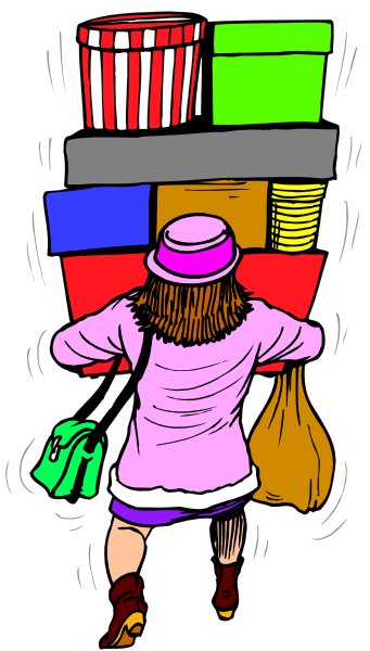 The illustration shows a woman standing next to an overflowing shopping cart filled with various items such as cups, bowls, cans, bottles, bags of chips, books, toys, clothes, shoes, hats and other miscellaneous objects; she is wearing pink clothing and carrying handbags.