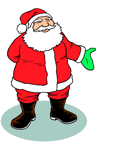 The images show a cartoon of Santa Claus with two different expressions: on the left side he is smiling broadly at someone off-camera; on the right side his expression changes to one that looks surprised, as if something unexpected has happened while pointing towards it.