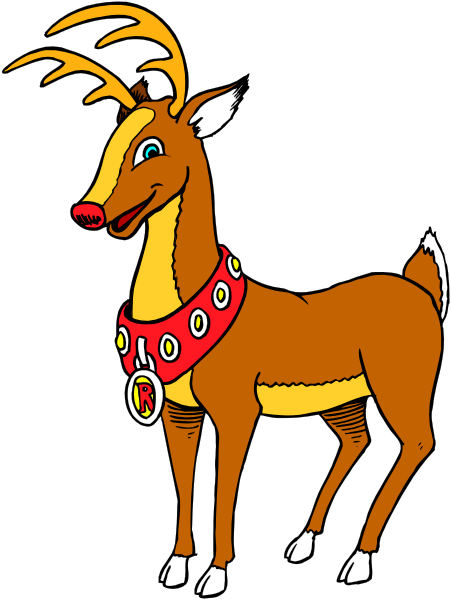 The image shows a cartoon reindeer with red nose standing on two legs against black background; it is wearing an orange collar around its neck adorned with bells.