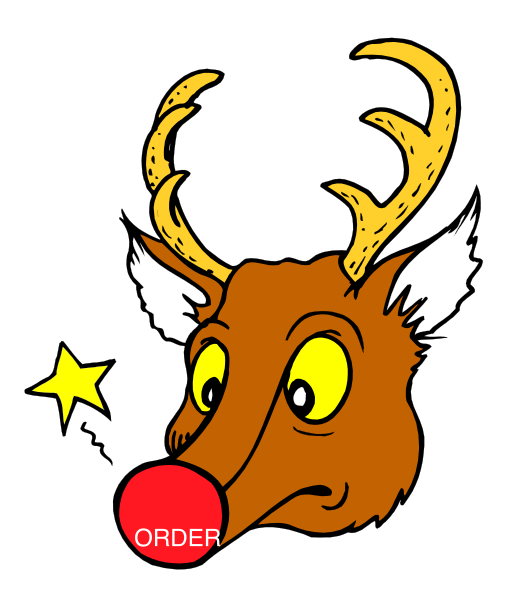 The image shows a cartoon depiction of an anthropomorphic deer's head with reindeer antlers on top, wearing glasses that have red noses drawn onto them like Rudolph from "Rudolph the Red-Nosed Reindeer," and it has white fur around its neck. It is blowing bubbles out of a pipe or tube coming off its back. The deer's eyes are closed in concentration as if focused on something, possibly an unseen task at hand.
