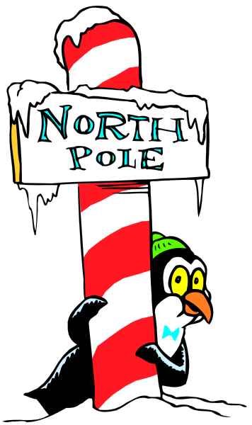 The image features a cartoon penguin standing next to an oversized candy cane with "North Pole" written on it in snowflake-shaped letters atop a sign that reads "Santa's Workshop."