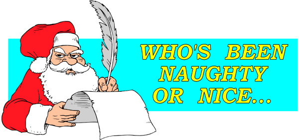 The image features a cartoon of Santa Claus holding an envelope with text that reads "who's been naughty or nice."