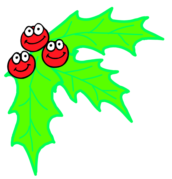 The first frame shows a green holly leaf with three red berries on it against a black background; the second frame displays an animated character resembling a smiling face in front of two more identical leaves each bearing one red berry, also set against a dark backdrop.