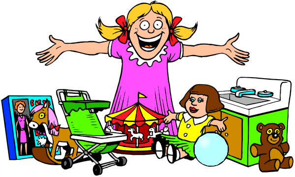 The cartoon shows a young girl standing with her arms outstretched next to various toys including dolls, teddy bears, cars, trucks, and other items typically found in children's play areas; she is surrounded by these objects which appear to be arranged for display or storage purposes.
