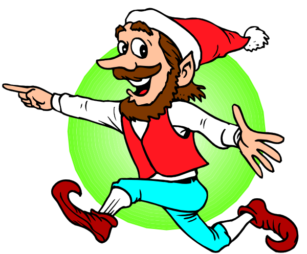 The cartoon shows two men dressed as Santa Claus running; both have beards but only one has a mustache.