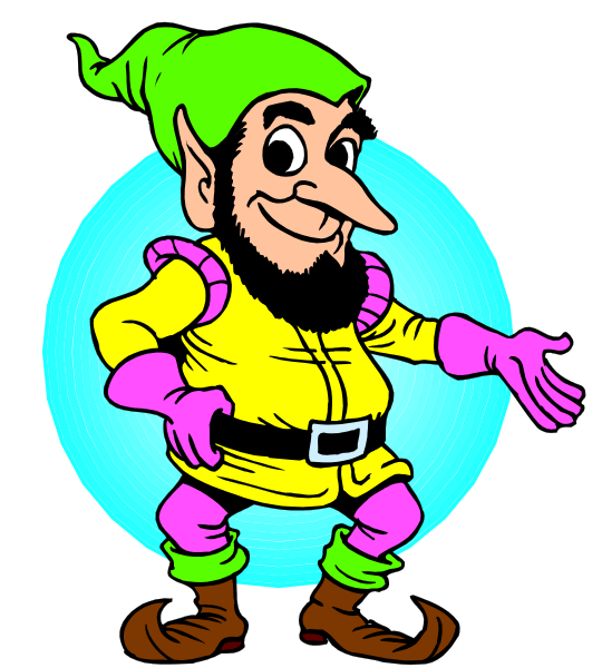 The cartoon depicts a gnome character with pointed ears wearing yellow clothing standing against a blue background; he is pointing to his left side while holding out one hand towards us as if gesturing something in that direction, and has a beard on face.