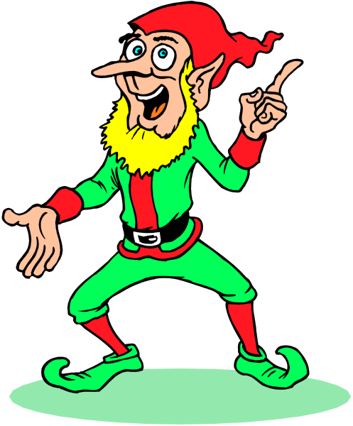 The cartoon depicts a gnome with long beard wearing elf costume standing on platform holding microphone pointing to himself while gesturing towards audience.