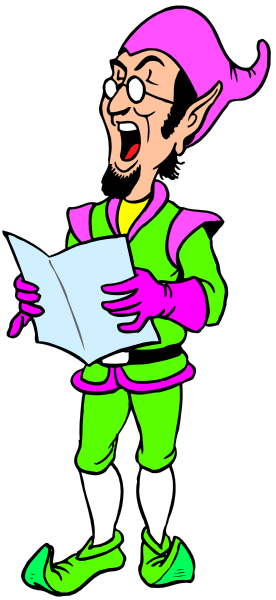 The cartoon depicts a character dressed as Robin Hood holding an open book with text inside it while standing against a dark background.