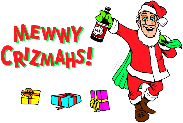 The cartoon shows a character dressed as Santa Claus with his arms outstretched to either side of him, standing in front of presents that have "CRIZMAHS" written on them; above this scene is text reading "MEWwy CRIZMAHS."