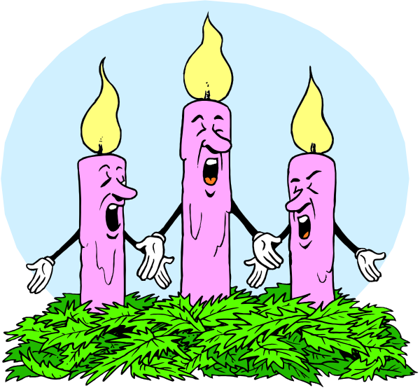 The image shows three cartoon candles with faces that appear to be singing while surrounded by a wreath of greenery at their base; in one frame, there is an additional candle on top forming four lit candles together.