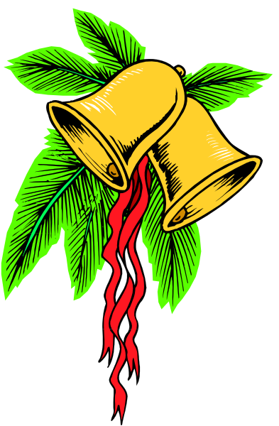 The image shows a green leaf with two yellow bells hanging from it on top of what appears to be blood dripping down onto them in red coloring against a black background.