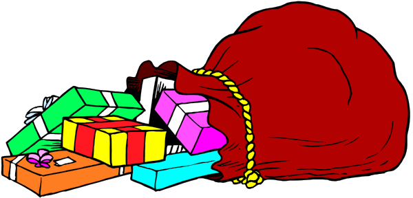 The image shows a pile of colorful presents with red ribbons on top next to an unmade bed that has been pulled down from its frame onto the floor in front of it.