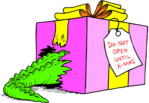 The image shows a Christmas present with an open sign on it next to what appears to be some sort of creature that looks like a dinosaur in front of a dark background.