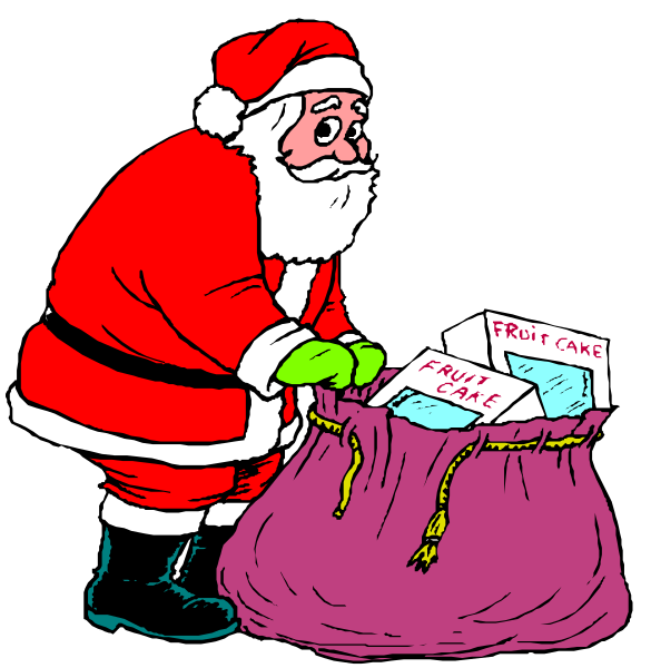 The cartoon shows Santa Claus bending over a bag of fruit cake with "fruitcake" written on it; he is wearing his traditional red suit and boots, has white hair and beard, wears green gloves, and holds an open card in one hand that says "Merry Christmas."