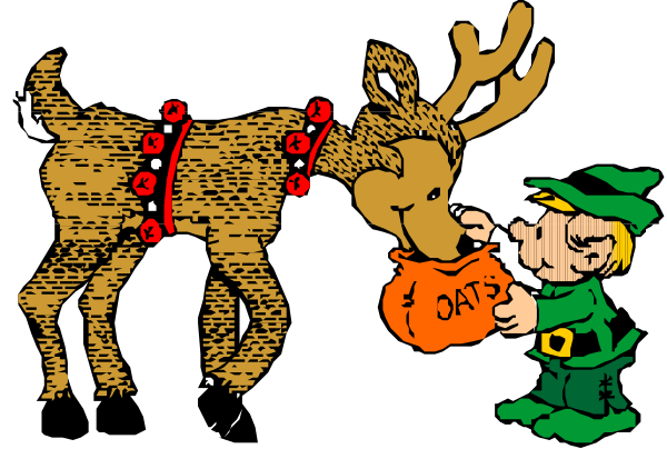 The black and white illustration shows a reindeer with antlers wearing red bells around its neck standing next to an elf in green attire holding out what appears to be a bag of candy canes, while another figure is depicted as receiving them; there's also a dog on the left side.
