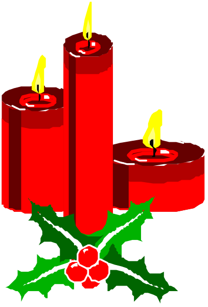 The image shows a digital illustration of three red candles with lit wicks inside glass holders placed on either side of two holly branches adorned with berries at their base; above them is an arrangement that resembles mistletoe, and in front are four small pine cones.