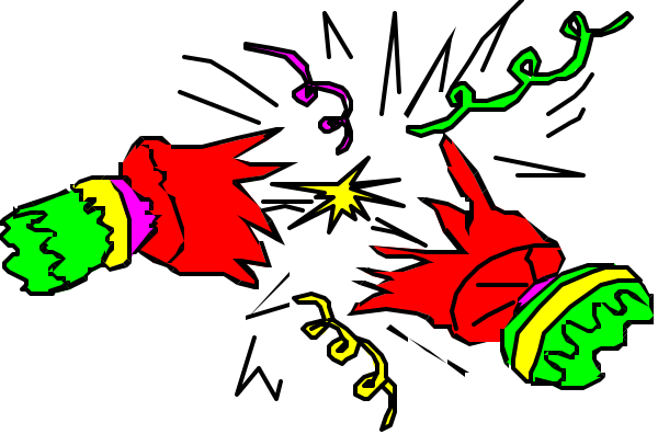 The image shows a black background with two colorful explosions on either side of what appears to be an object resembling a firework in motion between them; there is no text present within this small clip-art image, and it does not depict any people or animals.