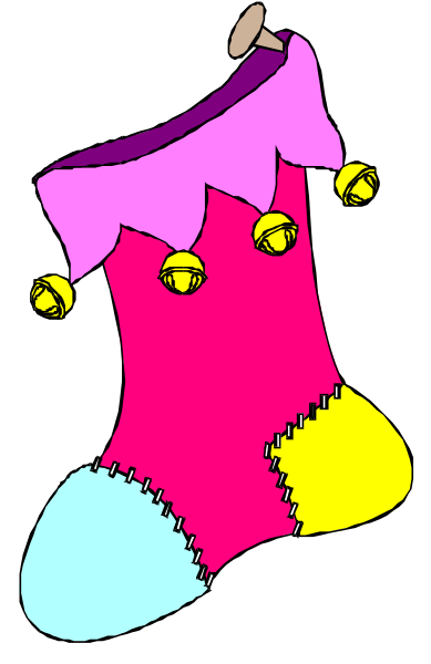 The image shows a colorful sock with clown shoes on it hanging from an unseen object against a black background.