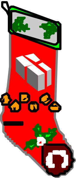 The image shows a pixelated representation of Christmas stockings hanging on a wall with presents underneath them; there is also an animated character resembling Santa Claus in front of one of the stockings holding what appears to be candy canes and mistletoe, suggesting it's set during the holiday season.