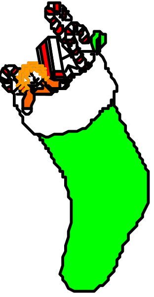 The image shows a cartoon depiction of an elf's foot sticking out from under what appears to be a Christmas stocking with candy canes on it against a black background.