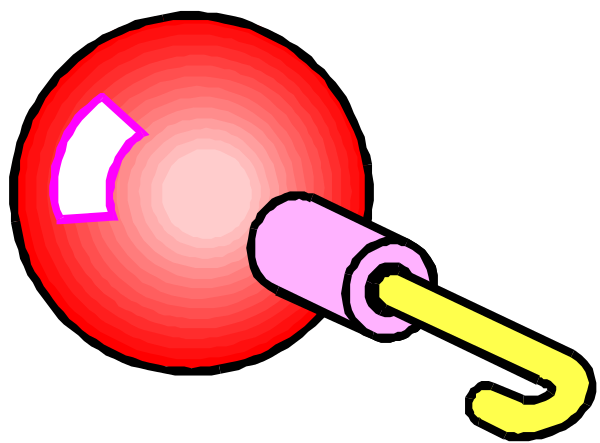 The image shows a red fish swimming near two yellow hooks with an eye on it.