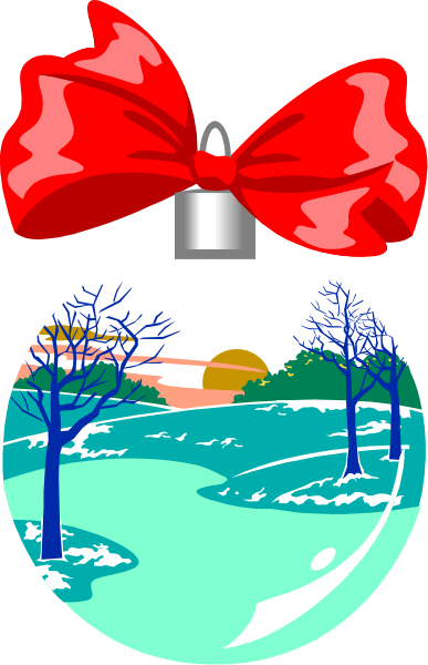 The image shows a red ribbon with two keys attached to it on either side of an illustration depicting trees in front of mountains under a blue sky at sunset.