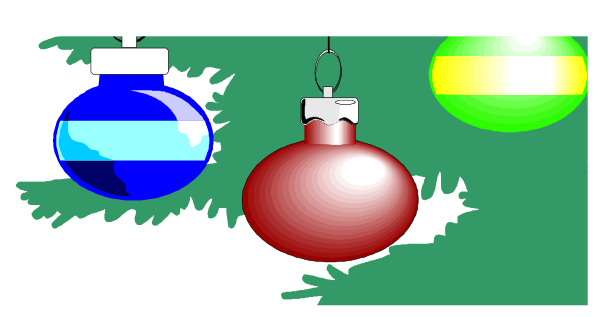 The image shows three Christmas tree decorations hanging from a roofline with snow on it against an outdoor background that appears to be nighttime.