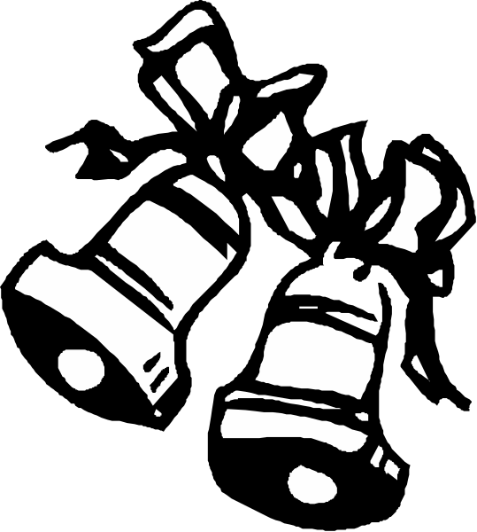 The black and white silhouette of a camera with two lenses facing each other on top of three bell-shaped items that resemble bells but could also be interpreted as gongs or chimes.