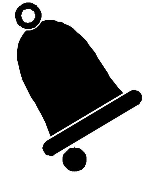 The black and white line drawing shows a bell with two wheels on top of it next to an ice cream cone-shaped object that has three scoops in front of it.