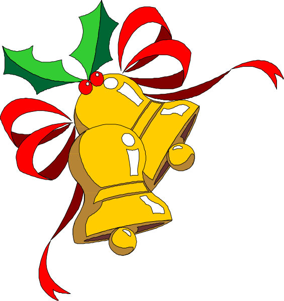 The image shows two Christmas decorations: on top left, a yellow bell with red ribbon tied around it; below right, an animated character resembling Rudolph the Red-Nosed Reindeer wearing gold bells and pulling sleighs behind him against a black background.