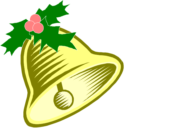 The illustration features a golden bell with holly leaves on top of it placed next to an angel's trumpet in front of Christmas trees decorated for holiday cheer.