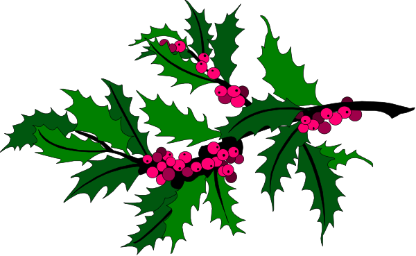 The image shows a digital illustration of holly branches with red berries against a black background.