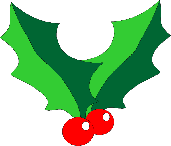 The image shows a festive holiday greeting card with two red cherries on top of green holly leaves against a black background.