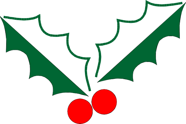 The image shows a festive holiday greeting with red berries on green holly leaves against a dark background; there is no text present in this clip-art graphic.