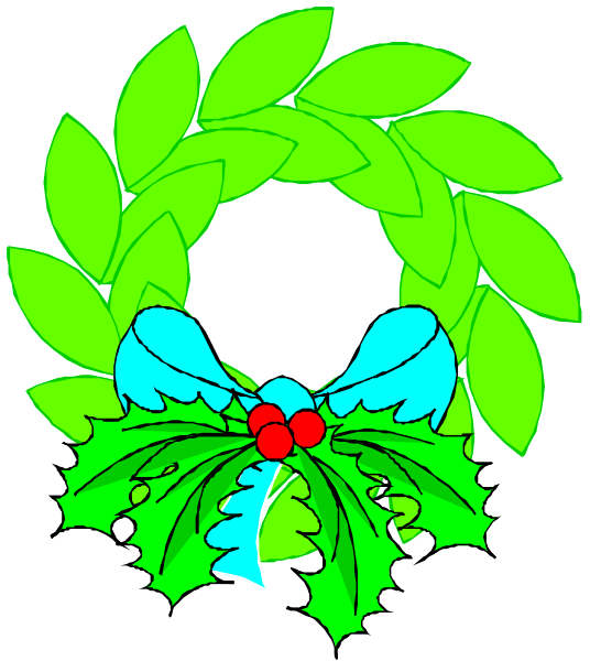 The image shows a colorful wreath with holly leaves at its base, adorned with red berries on either side of what appears to be mistletoe in the center; it is decorated with blue ribbons and bows tied around each end.