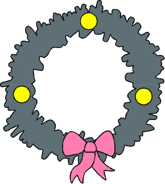 The image shows a wreath with three yellow balls on it hanging from what appears to be an invisible string against a black background; there is no bow depicted in this clip-art illustration.
