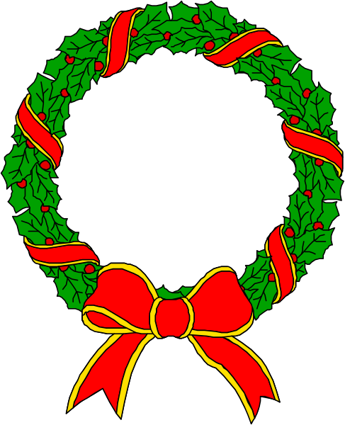 The image shows a Christmas wreath with red ribbons on top of it against a black background.