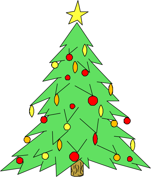 The picture shows a Christmas tree with red balls on it against a black background.