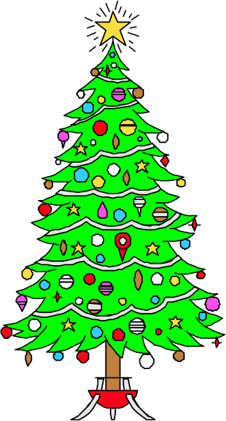 The image shows a Christmas tree with colorful lights and decorations on it against a black background.