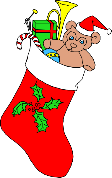 The image shows a Christmas stocking filled with gifts including a teddy bear holding candy canes; it is set against black background.