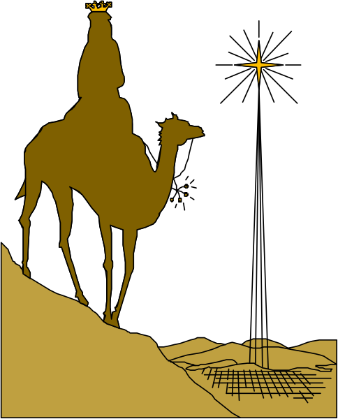The image shows a camel standing on top of sand dunes under night sky with stars visible; there is also an illustration of what appears to be Mary holding baby Jesus in her arms atop a donkey, and below them stands a crescent moon against dark background.