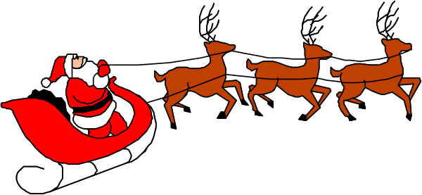 The image shows a black banner with white text at each end that reads "Santa Claus" on both sides in red letters against an orange background; between these texts is a row of reindeer depicted as silhouettes, and Santa appears to be riding one of them from left to right.