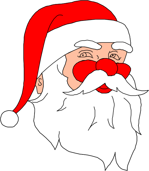 The image shows a cartoon representation of Santa Claus with his signature red suit trimmed in white fur, black boots, gloves, belt buckle, beard, mustache, eyes, nose, mouth, and hat adorned with pom-poms on top.