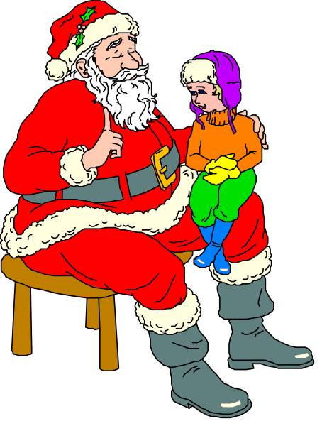 The illustration shows a cartoon depiction of Santa Claus sitting on an object that resembles a stool with his arm around another character who appears to be young and wearing winter clothing; both characters have smiling faces, suggesting a friendly interaction between them in what seems like a festive setting.